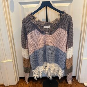 Juliana's Distressed Colorblock Knit Sweater - Taupe, Pink, Blue